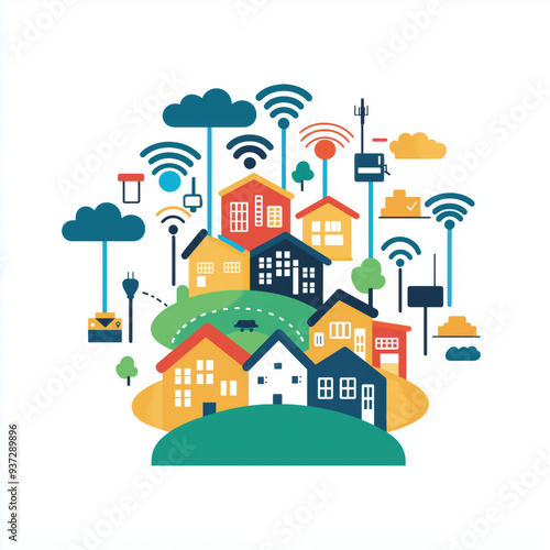 Network Coverage Icon Design - Visualizing Urban and Rural Telecommunication Reach with Expansive Signal Distribution