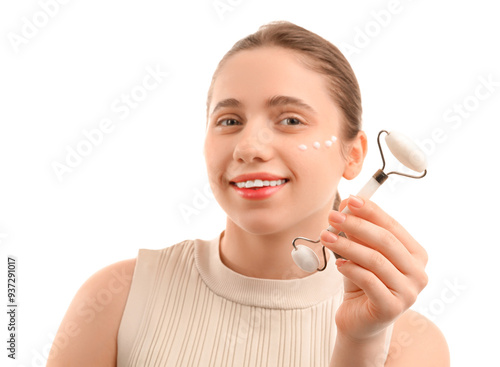 Young woman with cream and ...