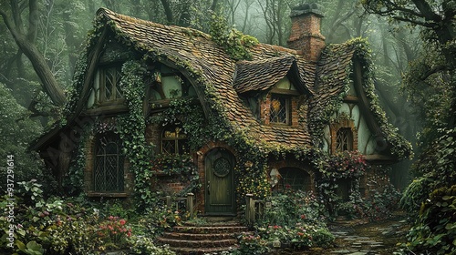 Fairy tale cottage in lush forest, overgrown with vines