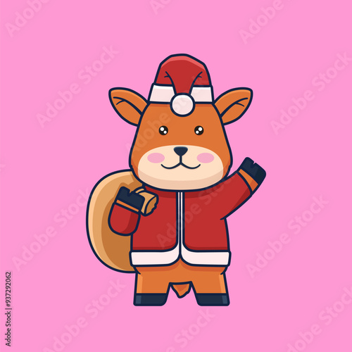 Vector Illustration of Cute Reindeer Wear Santa Costume. photo