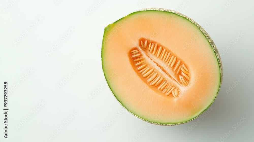 A slice of cantaloupe is shown with the green stem still attached A slice of cantaloupe is shown with the green stem still attached
