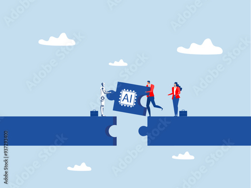 Business people Build business bridge puzzle jigsaw AI, Artificial Intelligence Robot path together ,solution ,idea, cooperation robot  to success together concept,vector illustrator.