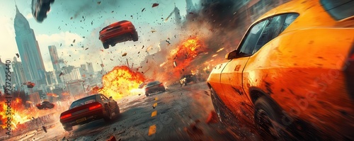 An epic chase scene through a futuristic city, with highspeed vehicles and explosions in the background, highlighting the adrenalinefueled action of an intense game photo