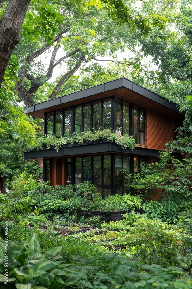 Eco-Friendly Living in Modern Solar-Powered House Surrounded by Lush Greenery Eco-Friendly Living in Modern Solar-Powered House Surrounded by Lush Greenery