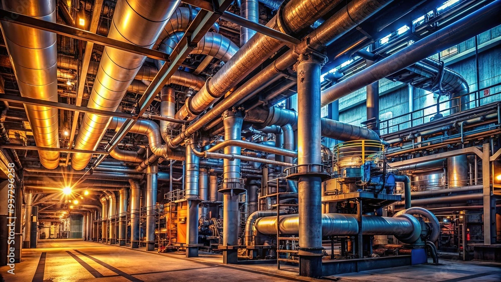 Oil-stained metalwork and complex piping systems revealed during scheduled factory maintenance, highlighting industrial mechanics and precision engineering in a dimly lit workshop environment. Oil-stained metalwork and complex piping systems revealed during scheduled factory maintenance, highlighting industrial mechanics and precision engineering in a dimly lit workshop environment.