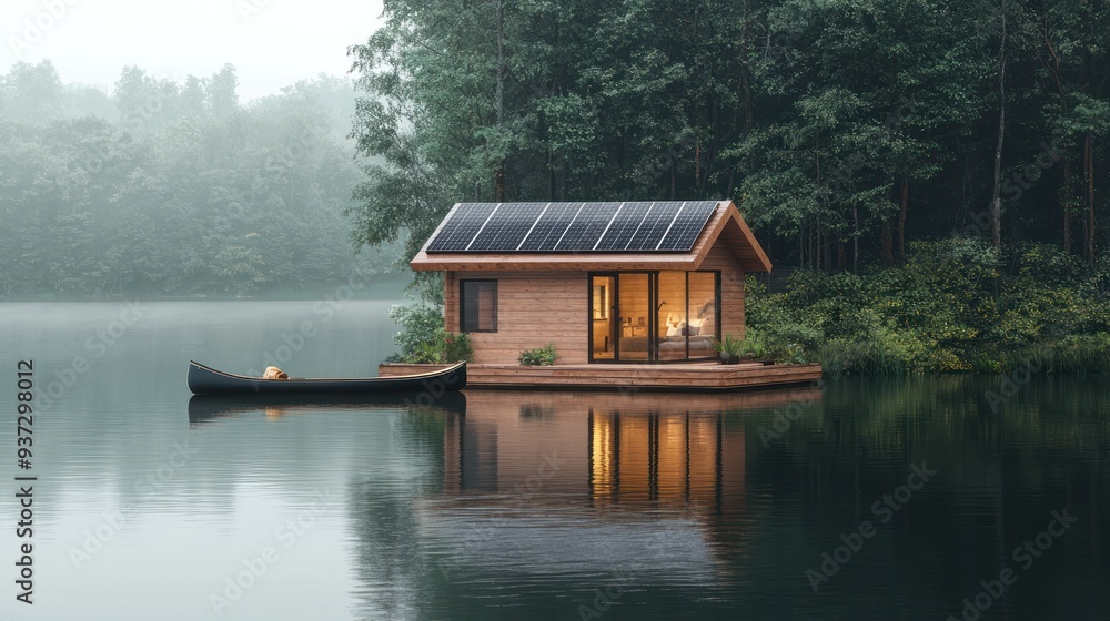 Serene Lakeside Retreat with Eco-Friendly Cabin, Solar Panels, and Canoe Docked on Shore Serene Lakeside Retreat with Eco-Friendly Cabin, Solar Panels, and Canoe Docked on Shore