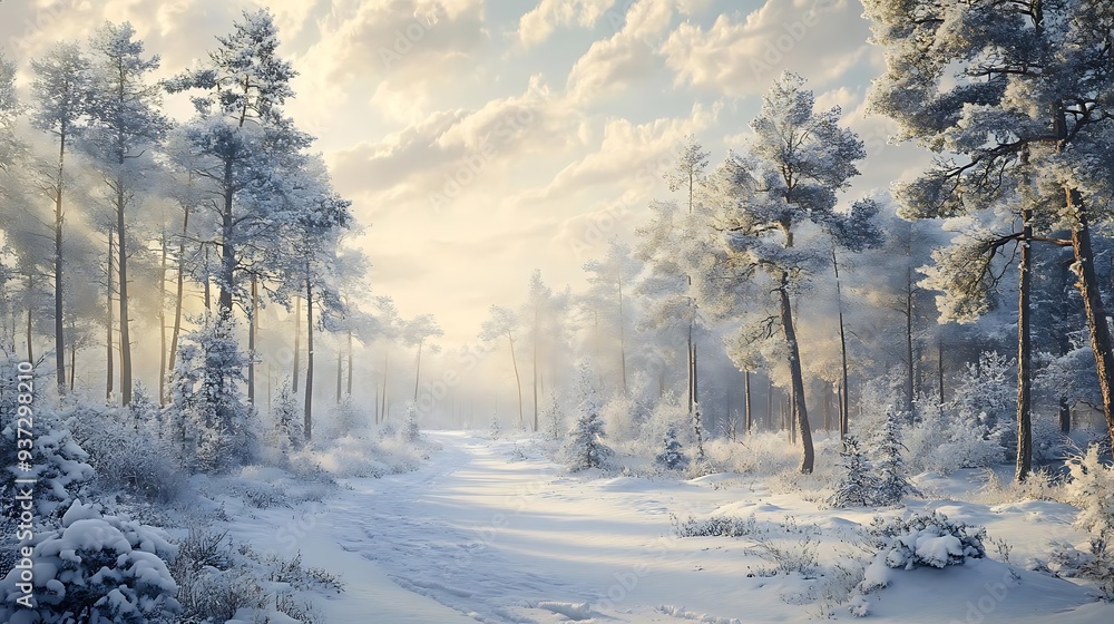 Snowy Forest Path with Sunbeams Illustration Snowy Forest Path with Sunbeams Illustration