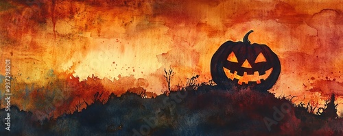 A spooky Halloween scene with a carved pumpkin on a hill, set against a dramatic, colorful sunset sky in watercolor art.