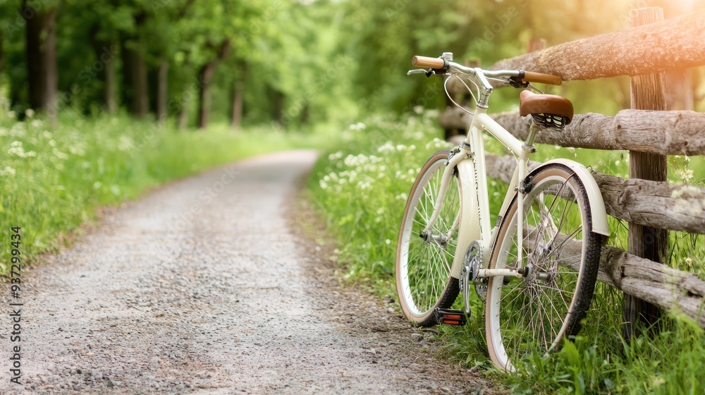 Fototapeta premium Rural Path to Sustainability: Eco-Friendly Bicycle Leaning on Wooden Fence