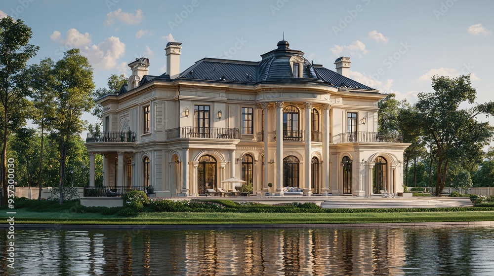 Luxurious mansion by the water with elegant architecture Luxurious mansion by the water with elegant architecture
