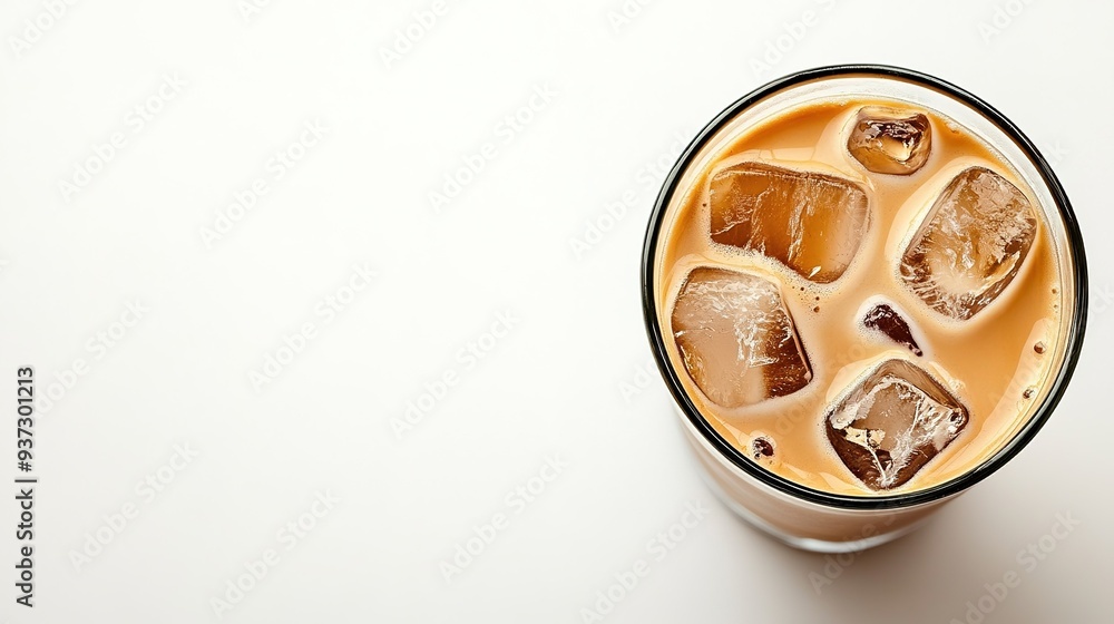 Iced Coffee Refreshment: A close-up shot of a refreshing iced coffee drink with ice cubes, perfect for summery vibes and promoting beverages. 