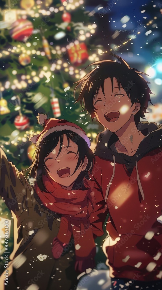 The young couple enjoys a lighthearted moment at home, laughing and celebrating together amidst holiday decorations and lights The young couple enjoys a lighthearted moment at home, laughing and celebrating together amidst holiday decorations and lights