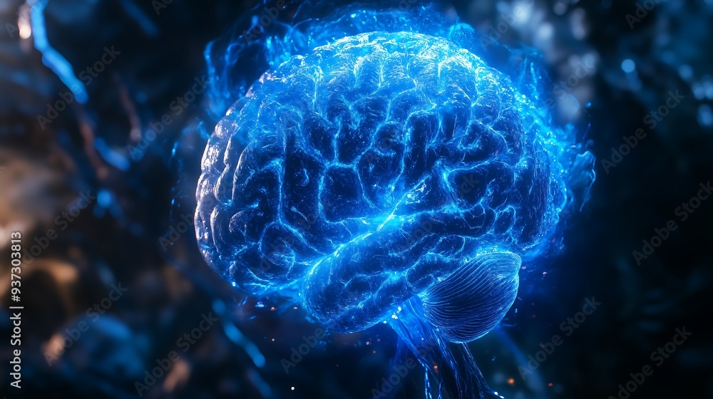 blue glowing brain are visible through the skin blue glowing brain are visible through the skin