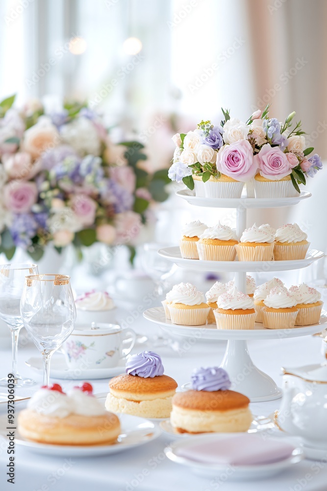 Elegant Afternoon Tea with Floral Arrangements and Delicious Cupcakes Elegant Afternoon Tea with Floral Arrangements and Delicious Cupcakes