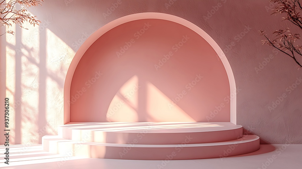 Pink minimalist product display with arch and sunlight, creating a modern and elegant setting perfect for showcasing products with simplicity and style. Pink minimalist product display with arch and sunlight, creating a modern and elegant setting perfect for showcasing products with simplicity and style.