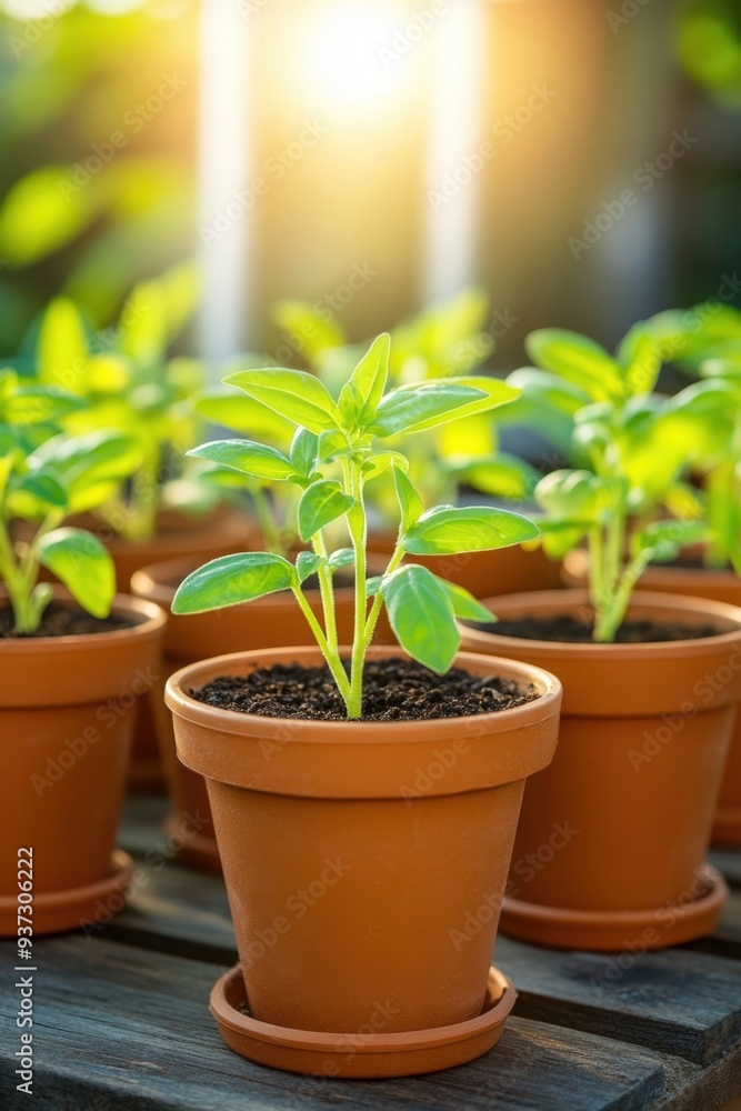 Bright sunlight illuminates new green seedlings in terracotta pots on a wooden table Bright sunlight illuminates new green seedlings in terracotta pots on a wooden table