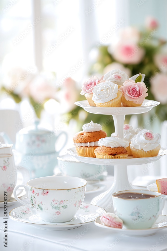 Elegant Tea Party Setting with Cupcakes and Floral Decor Elegant Tea Party Setting with Cupcakes and Floral Decor