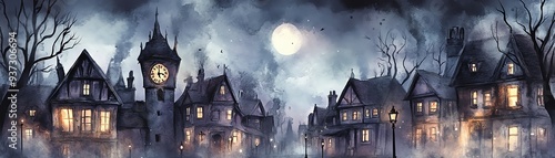 A spooky, moonlit village scene with eerie houses, a clock tower, fog, and twisted trees, perfect for Halloween and dark-themed designs.
