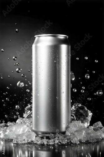 Matte silver aluminum 500 ml energy drink can with ice splash mockup photo