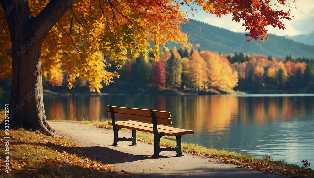 Wooden lounge chair by the river, orange trees, autumn Wooden lounge chair by the river, orange trees, autumn