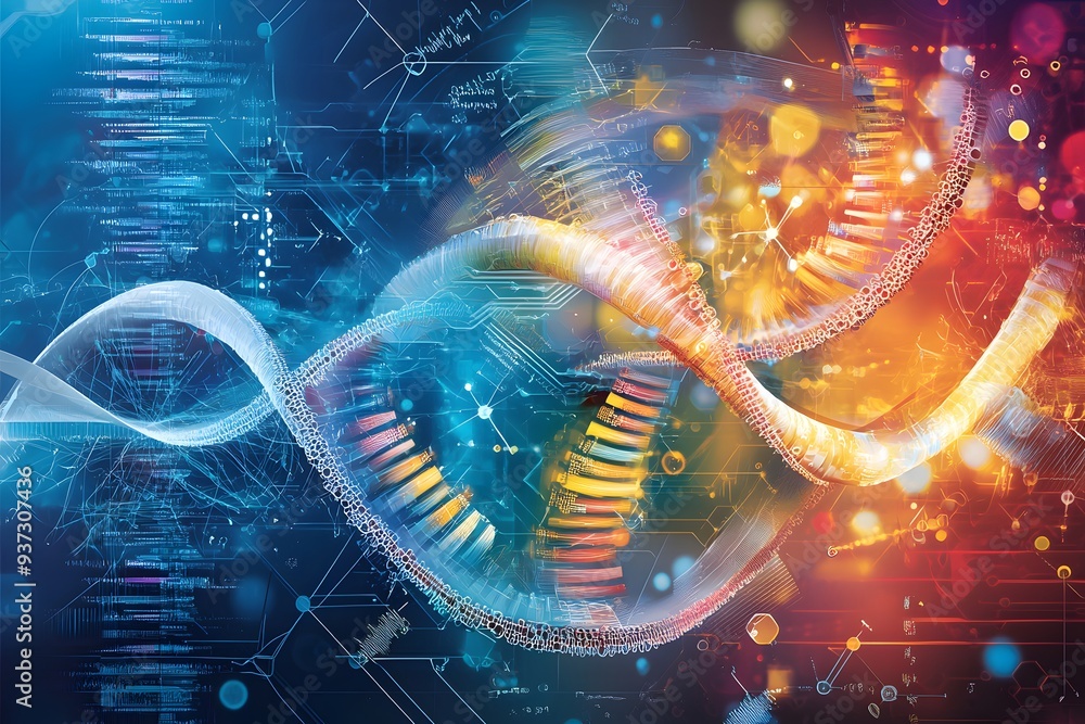 Abstract DNA Structure with Digital Circuitry and Bokeh Lights. Abstract DNA Structure with Digital Circuitry and Bokeh Lights.