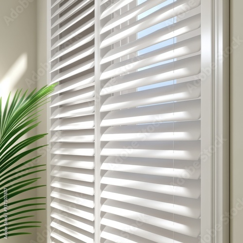 Play of light through modern white blinds with green plant accent in bright room setting