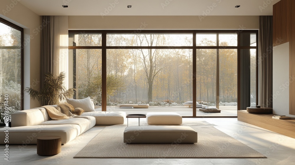 Fototapeta premium modern minimalist living room with natural light , neutral color palette minimalist living room , modern minimalist living room , open floor plan , neutral color palette
