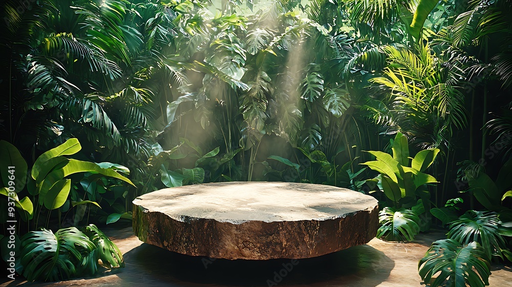Tropical jungle scene with a wooden platform for product display, providing a lush and natural backdrop that emphasizes organic beauty and simplicity. Tropical jungle scene with a wooden platform for product display, providing a lush and natural backdrop that emphasizes organic beauty and simplicity.