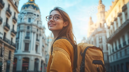 A woman wearing glasses and on a tour, AI generated.