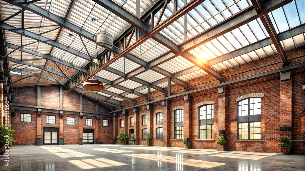 Rustic, old industrial warehouse with exposed brick, metal beams, and concrete floors, featuring natural light pouring through large windows and skylights. Rustic, old industrial warehouse with exposed brick, metal beams, and concrete floors, featuring natural light pouring through large windows and skylights.