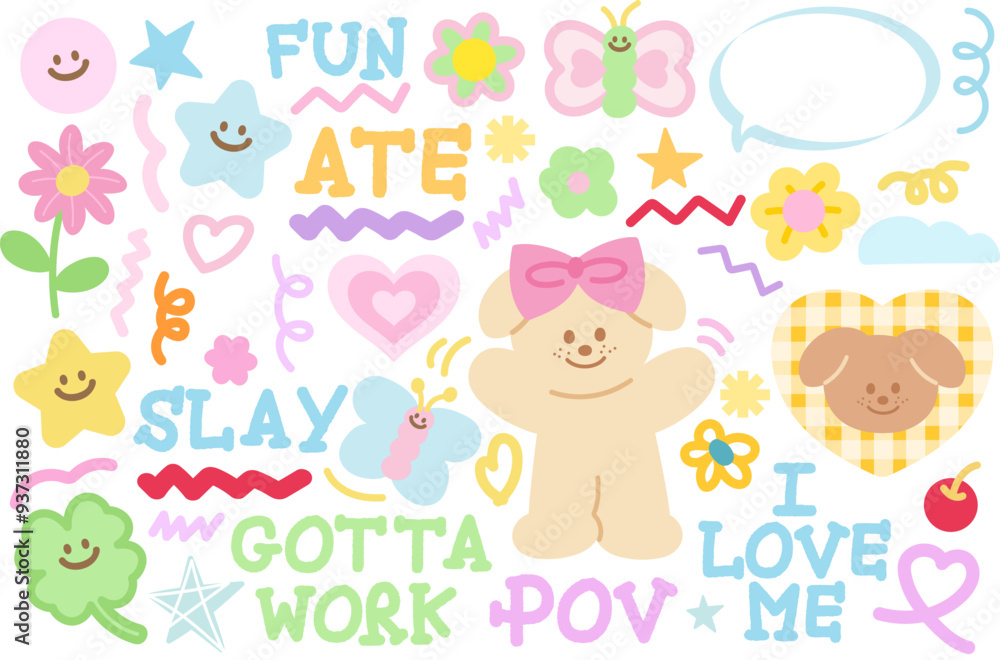 Pastel vector of puppy, clover leaf, star, flower, heart, butterfly, girl power text and message for decoration, animals, emoji, cute sticker set, cartoon character, patches, kid doll, plush toy, logo Pastel vector of puppy, clover leaf, star, flower, heart, butterfly, girl power text and message for decoration, animals, emoji, cute sticker set, cartoon character, patches, kid doll, plush toy, logo