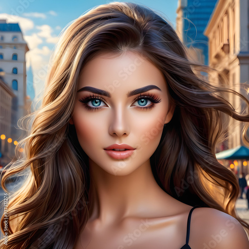 Meet a very beautiful woman with stunning features like flawless eyes, thick wavy hair, and impeccable makeup, all complemented by a city backdrop. 3. Admire the perfection of a woman with detailed ey