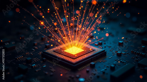 Electric sparks burst forth from a central processing unit on a circuit board, illuminating the surrounding dark space with vibrant orange and yellow light, creating a striking contrast