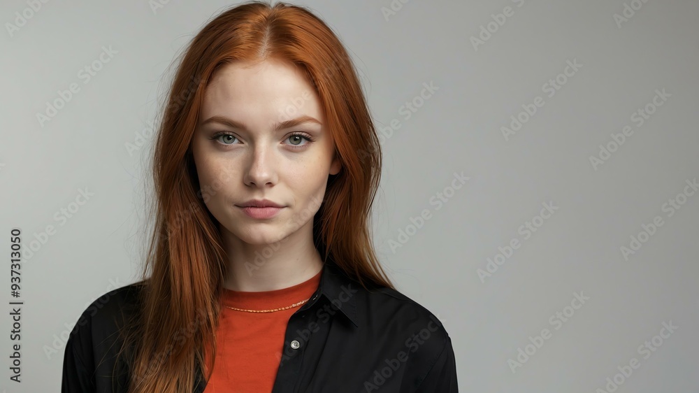 Obraz premium teen stunning red hair white woman with black shirt model portrait standing straight on a plain white background for ad concept space for text