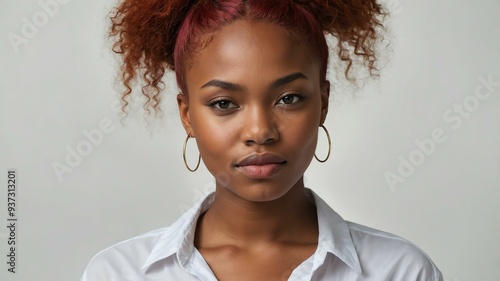 teen stunning red hair subsaharan african woman with white shirt model portrait standing straight on a plain white background for ad concept space for text