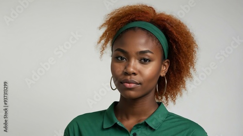 teen stunning red hair subsaharan african woman with green shirt model portrait standing straight on a plain white background for ad concept space for text