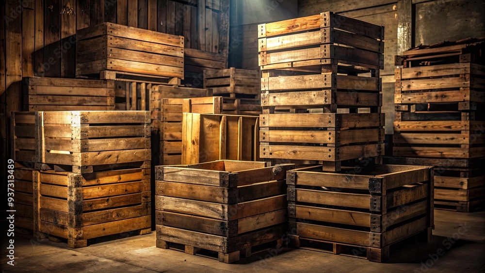 Rustic wooden crates with lids slightly ajar, revealing a hint of darkness, stacked haphazardly in a dimly lit, worn, and weathered storage room atmosphere. Rustic wooden crates with lids slightly ajar, revealing a hint of darkness, stacked haphazardly in a dimly lit, worn, and weathered storage room atmosphere.