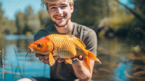 Fisherman s joy holding carp in sunlit water, beaming with a winner s smile and deep gratitude photo