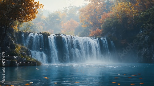 Waterfall in autumn forest with orange foliage, AI generated