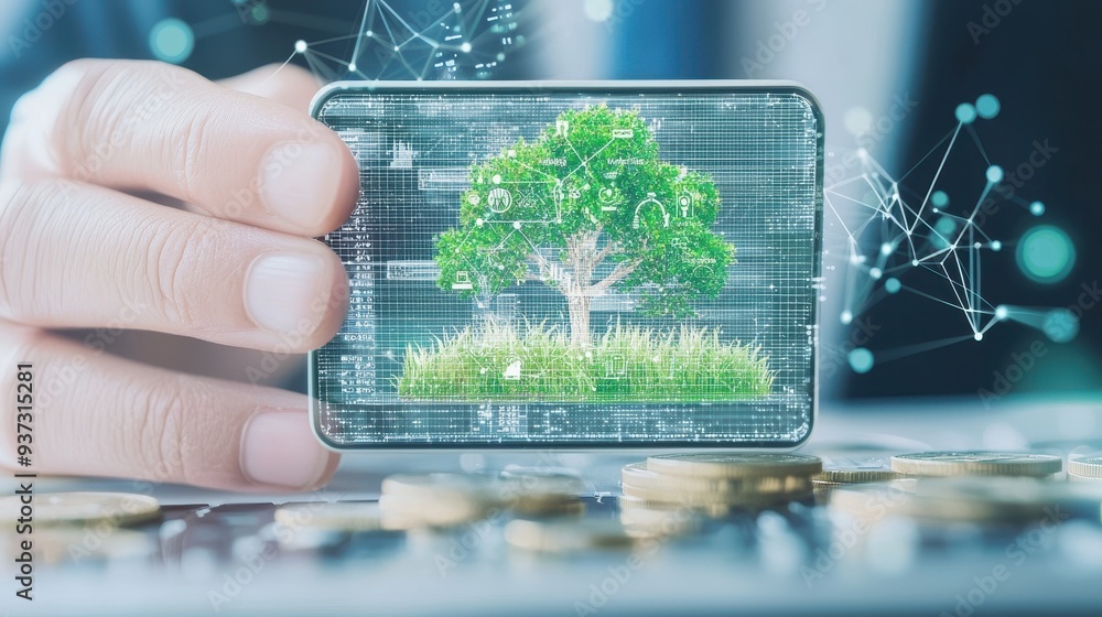 Obraz premium Hand Holding Smartphone with Green Tree and Digital Network Connection on Screen