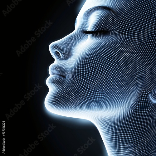 Futuristic Female Face in Profile with Digital Grid and Blue Lighting