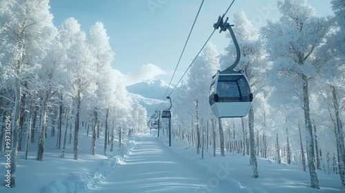 Ski Lift Ascending Through Snowy Forest on a Sunny Day, AI generated