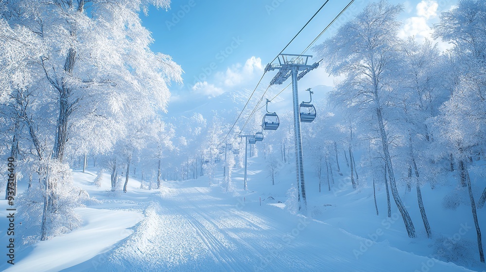 Ski Lift Ascending Through Snowy Forest on a Sunny Day, AI generated Ski Lift Ascending Through Snowy Forest on a Sunny Day, AI generated