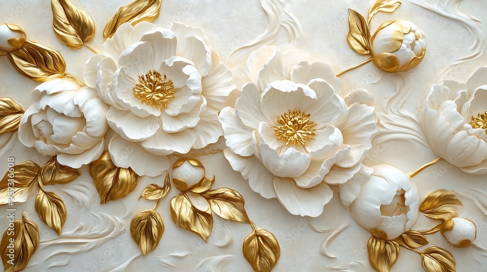 Peonies in stucco are adorned with golden leaves and buds on a white background Peonies in stucco are adorned with golden leaves and buds on a white background