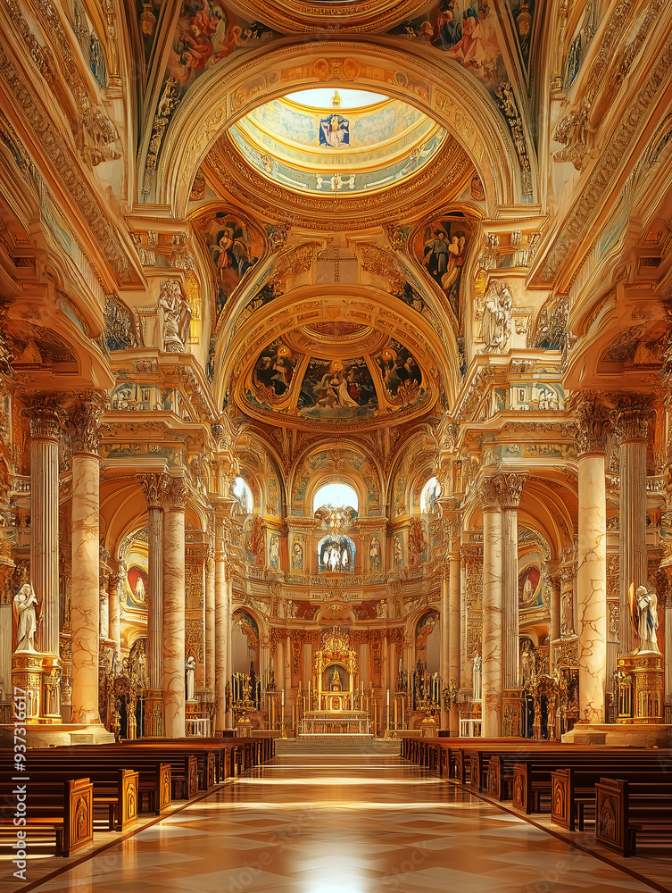 A breathtaking ancient architecture hall with fiery windows and reflective floors. Design for Wall Art, Poster Print, Wallpaper & Background A breathtaking ancient architecture hall with fiery windows and reflective floors. Design for Wall Art, Poster Print, Wallpaper & Background