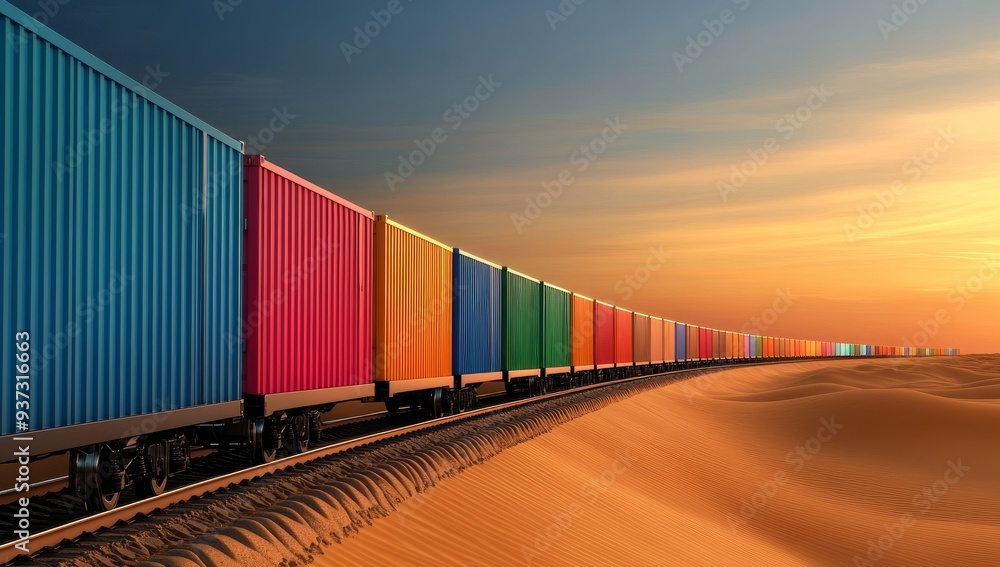 A freight train with colorful containers is driving through the desert, with mountains in the background A freight train with colorful containers is driving through the desert, with mountains in the background