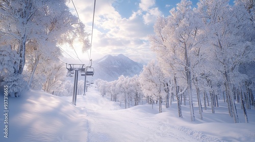 Ski Lift Ascending Through Snowy Forest on a Sunny Day, AI generated