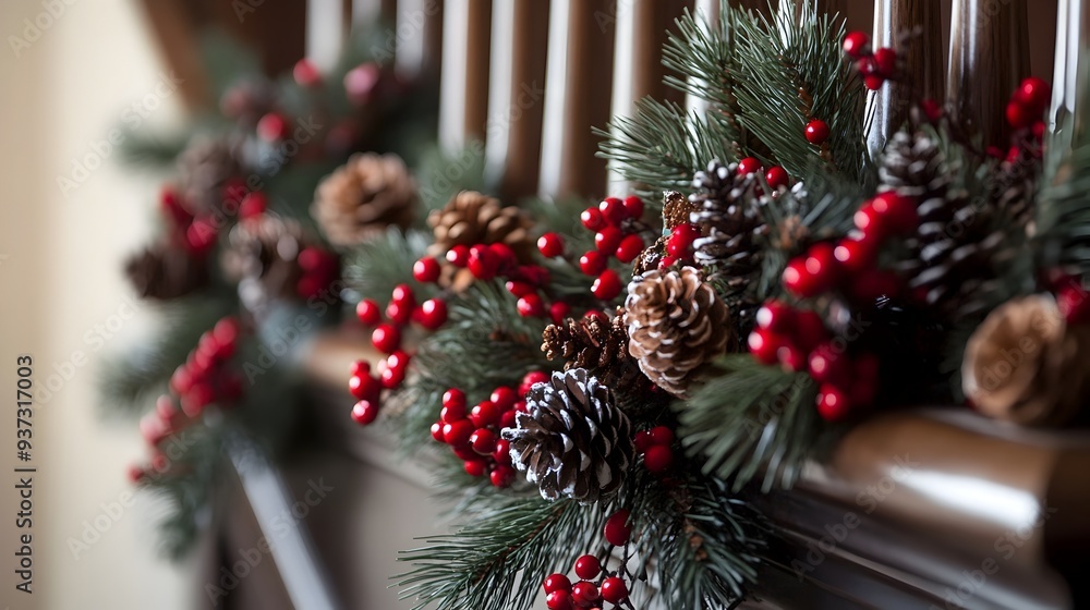 Beautifully Decorated Christmas Garland with Pinecones and Red Berries Draped Over a Wooden Banister Creating a Warm and Cozy Holiday Atmosphere Beautifully Decorated Christmas Garland with Pinecones and Red Berries Draped Over a Wooden Banister Creating a Warm and Cozy Holiday Atmosphere