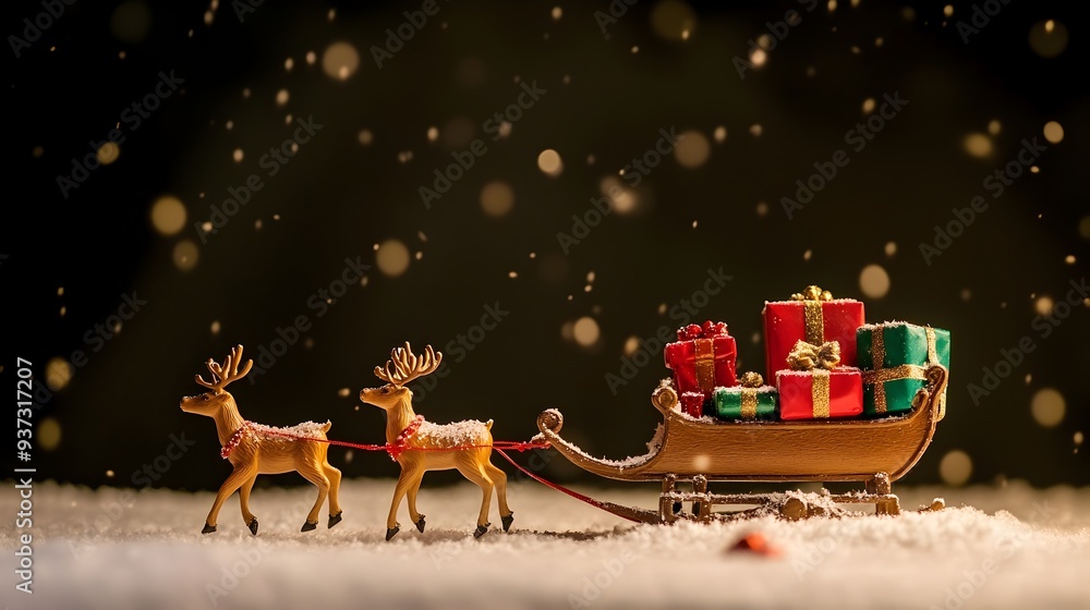Festive reindeer figurines pulling a sleigh filled with colorful present boxes creating a cozy and magical winter scene perfect for holiday and seasonal greetings Festive reindeer figurines pulling a sleigh filled with colorful present boxes creating a cozy and magical winter scene perfect for holiday and seasonal greetings