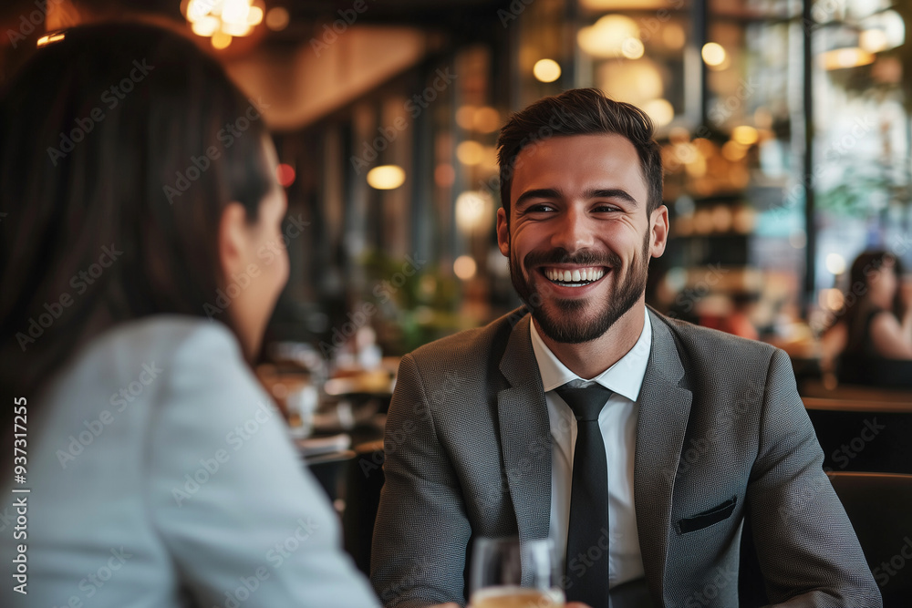 man in a suit is smiling and sitting at a table with a cup in front of him man in a suit is smiling and sitting at a table with a cup in front of him